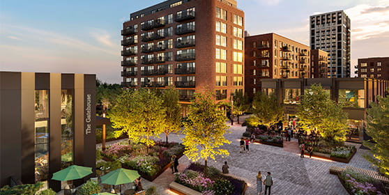 An exterior CGI of The Quarter Yards at dusk
