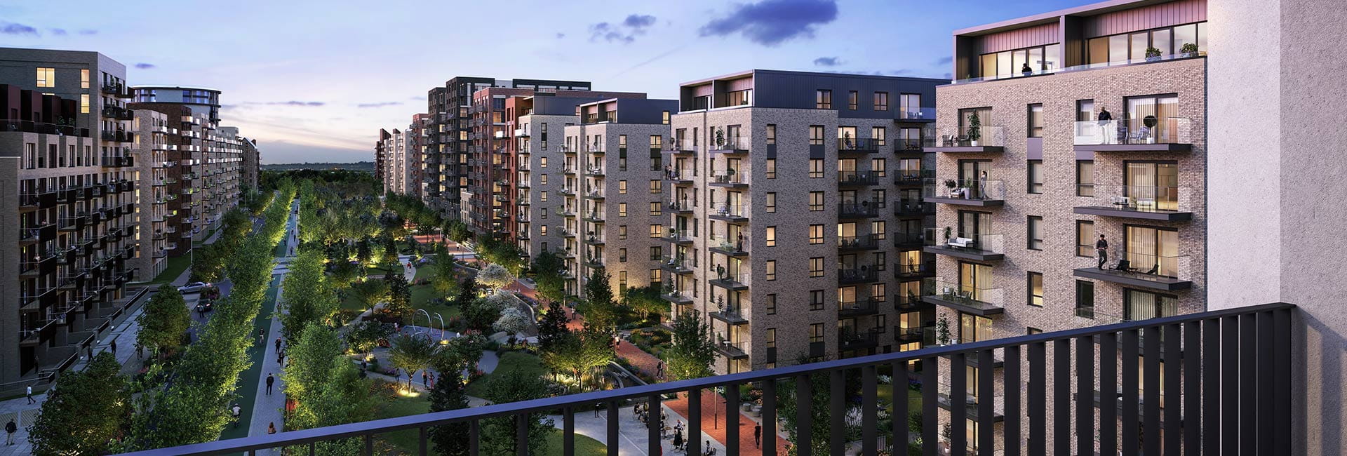 CGI with view of the Green Quarter from a resident's balcony