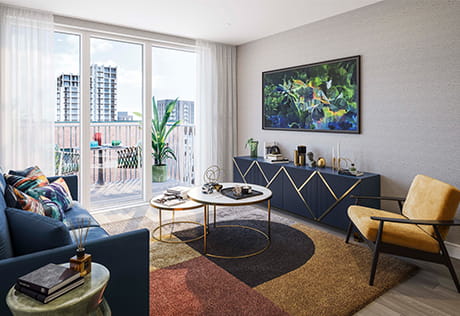 Modern designed interior living space with view onto balcony.