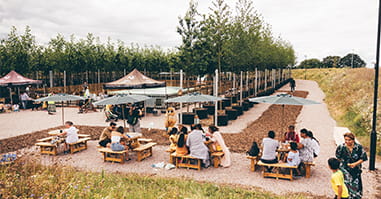 People sitting on benches dining alfresco.