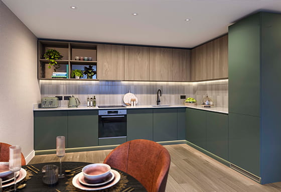 Kitchen and Dining area with dark green kitchen cabinets and red seats