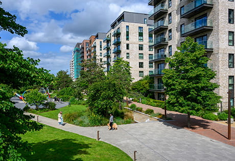 An exterior image of The Green Quarter with green courtyard gardens
