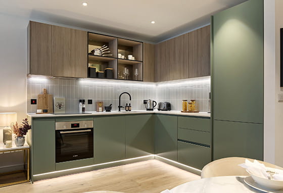 An interior kitchen image within a showhome at Quadrant House