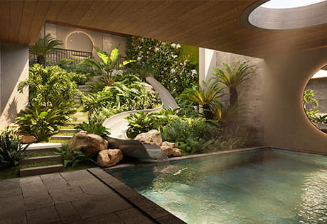 CGI of private pool, with skylight, elaborate green forestry plants
