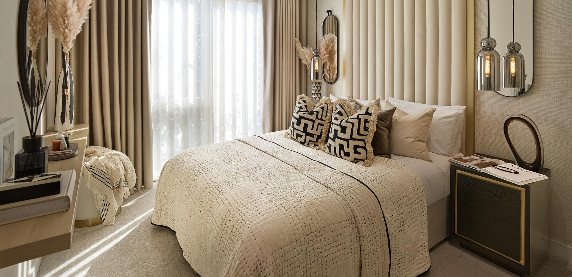 An interior light coloured Bedroom at the Brickfield House showhome