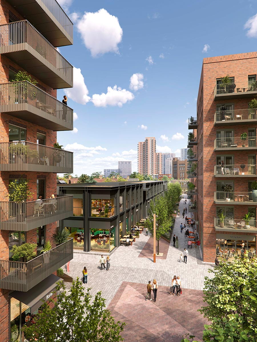 An exterior CGI of the Quarter Yards Courtyard