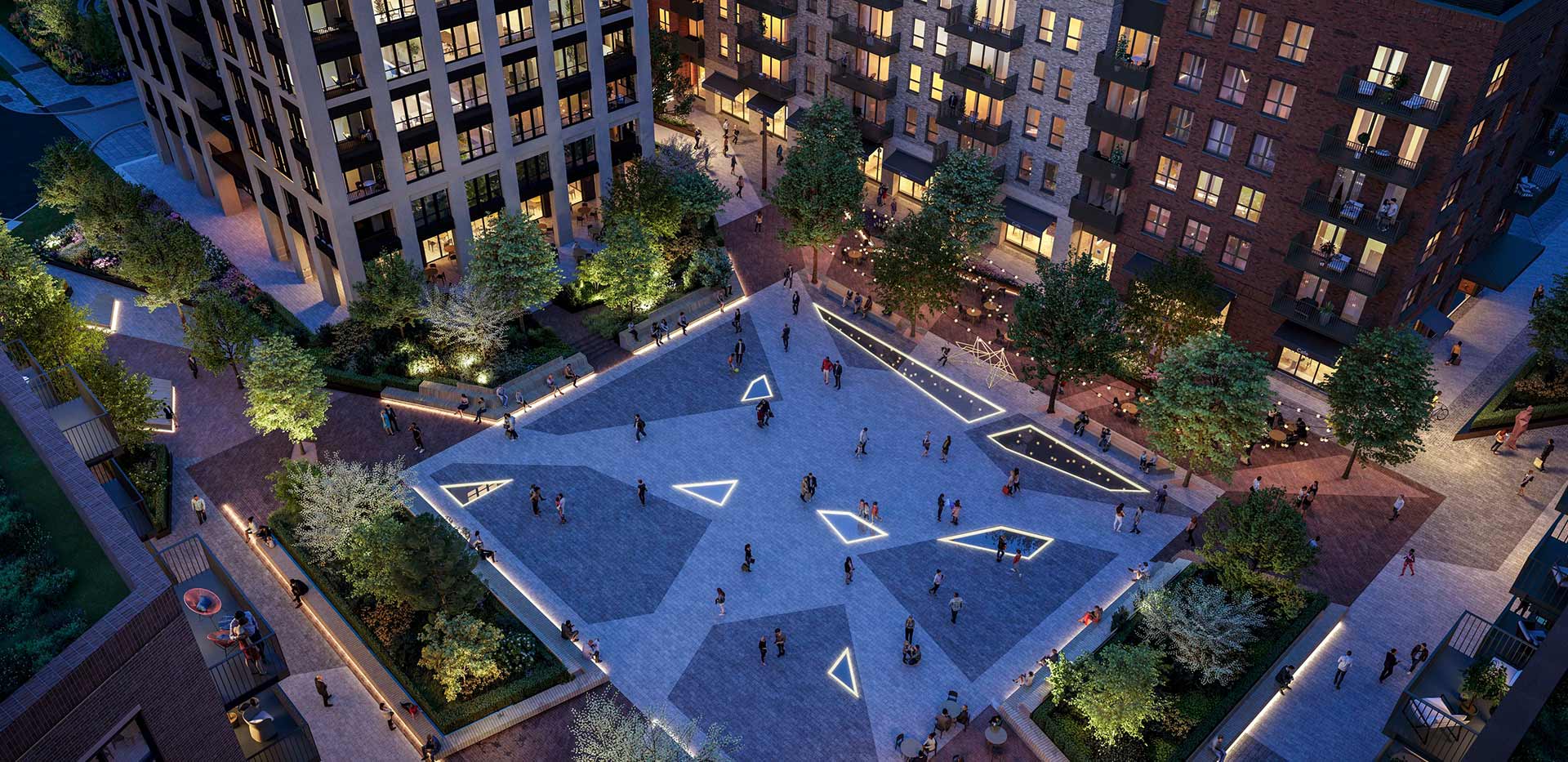 A high view night time shot of the impressive forecourt 