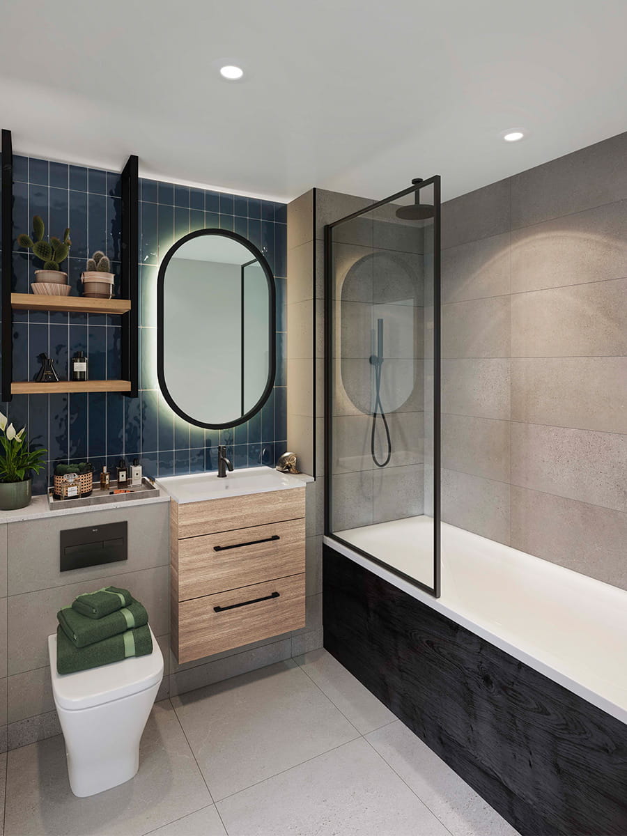 An interior image of the Dark Palette Bathroom at the Quarter Yards