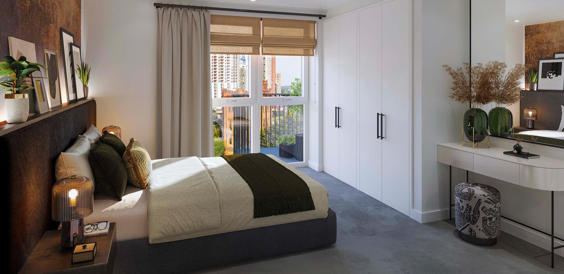 A bedroom image from a show apartment at Quarter Yards