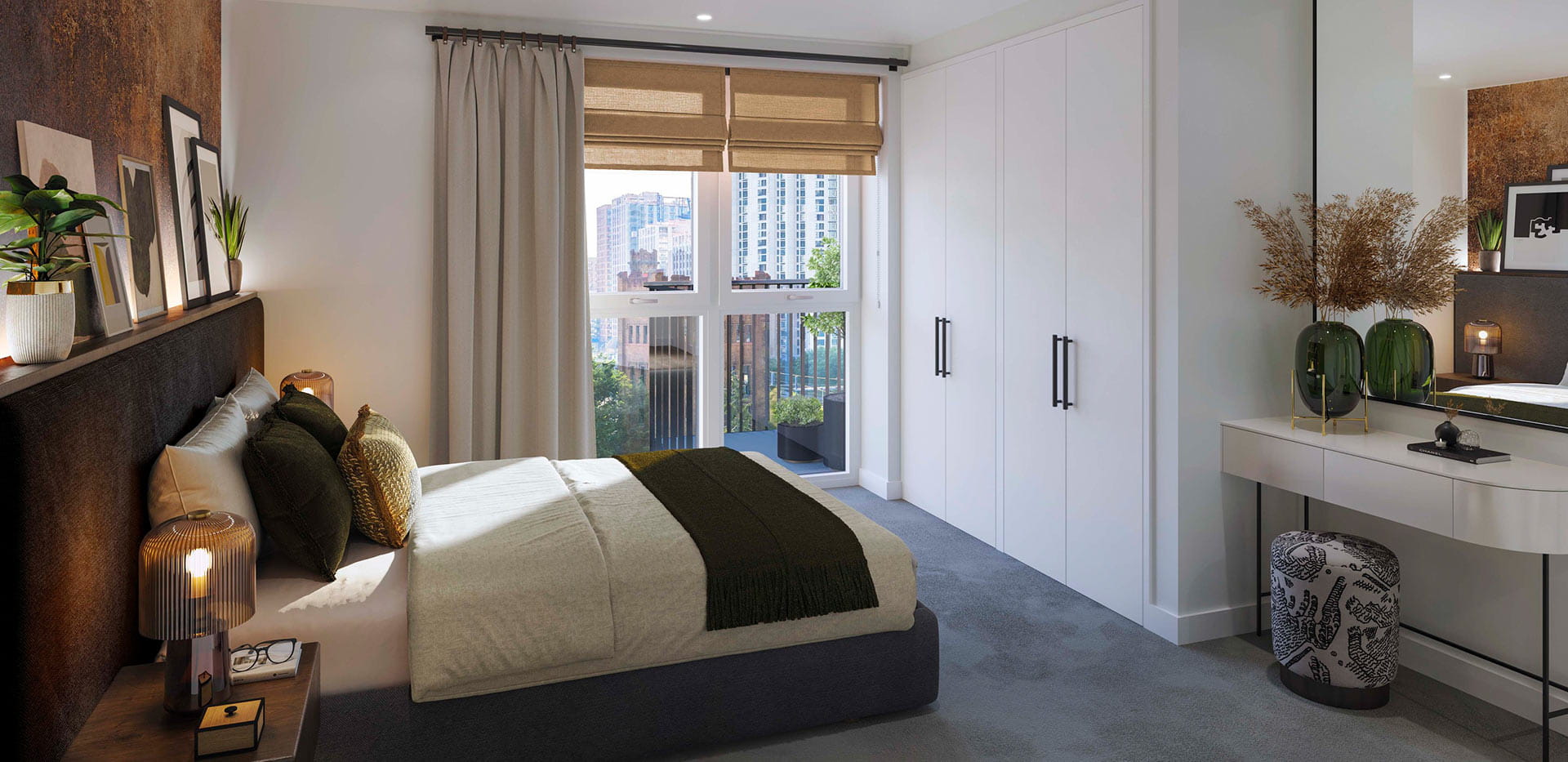 A bedroom image from a show apartment at Quarter Yards