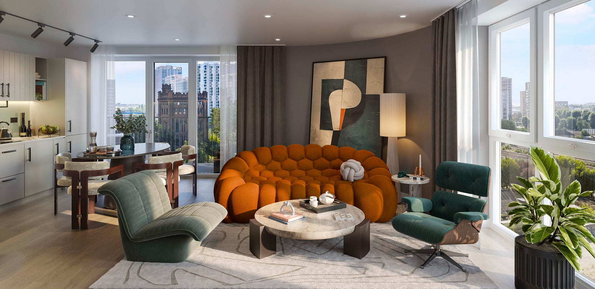 An open-plan kitchen-dining-living image from a show apartment at Quarter Yards