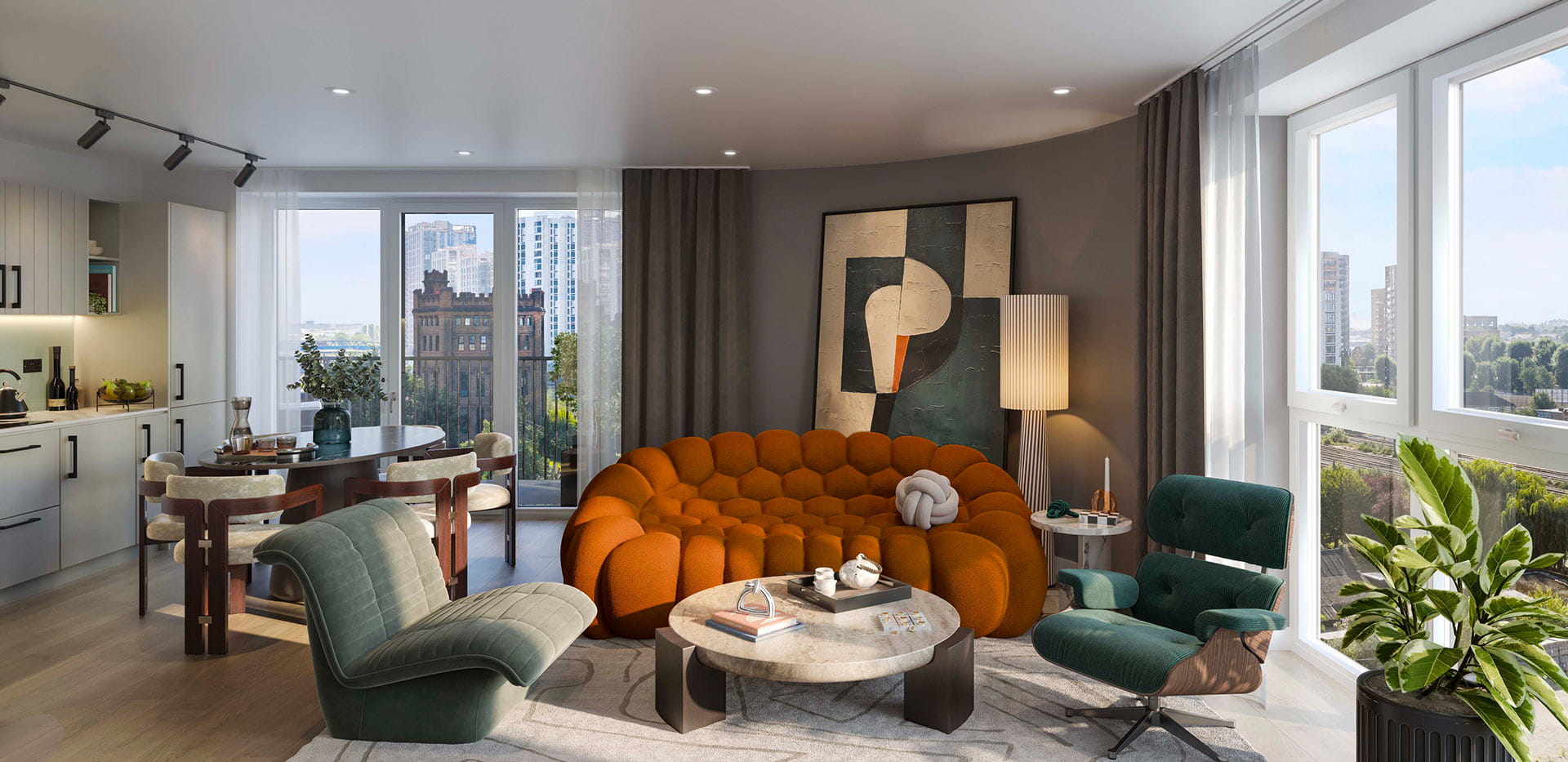 An open-plan kitchen-dining-living image from a show apartment at Quarter Yards