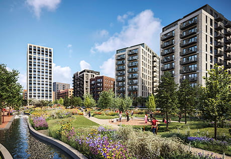 An exterior CGI of the Green Space at Quarter Yards