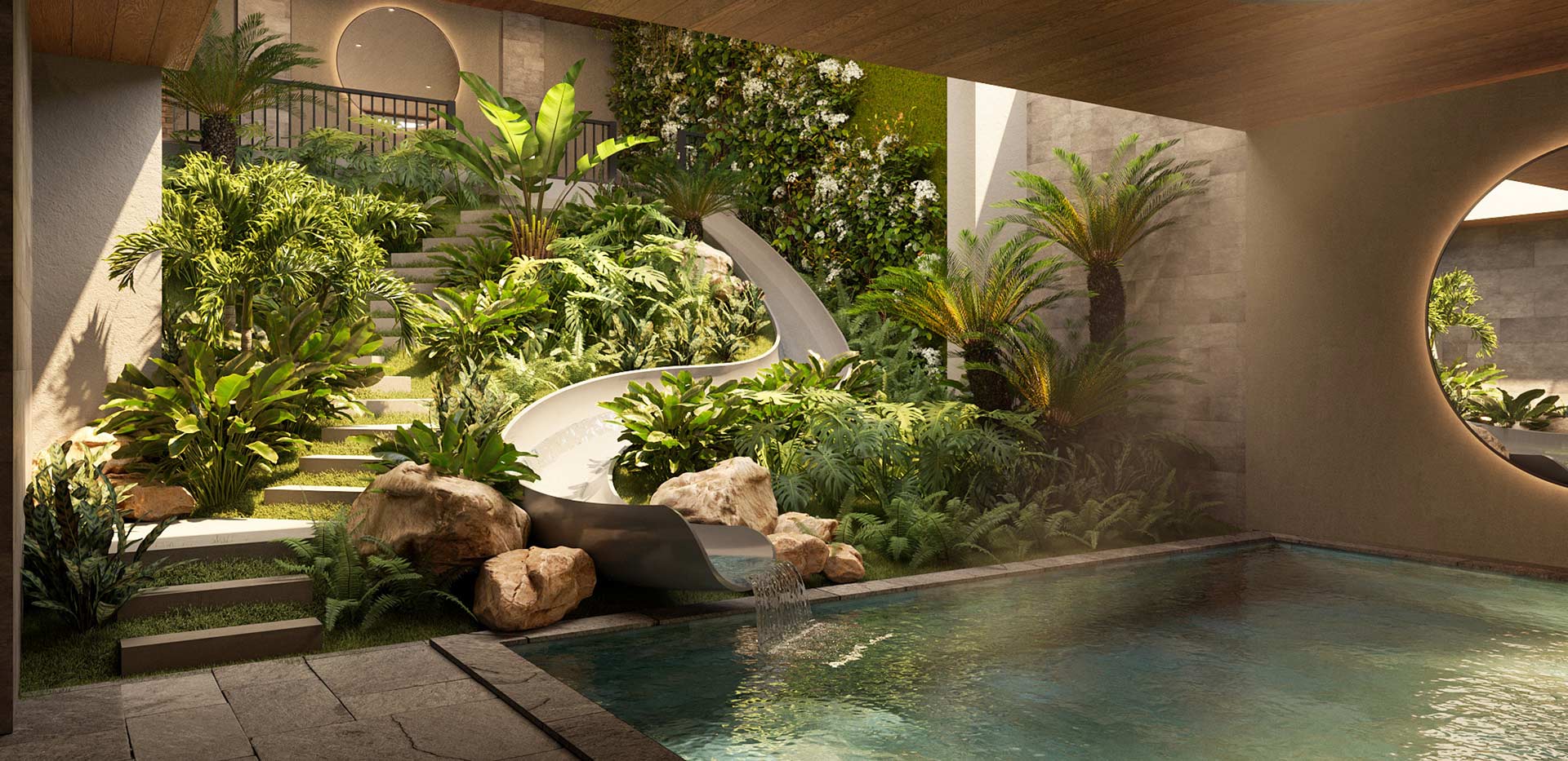 CGI of lush green plants and water feature