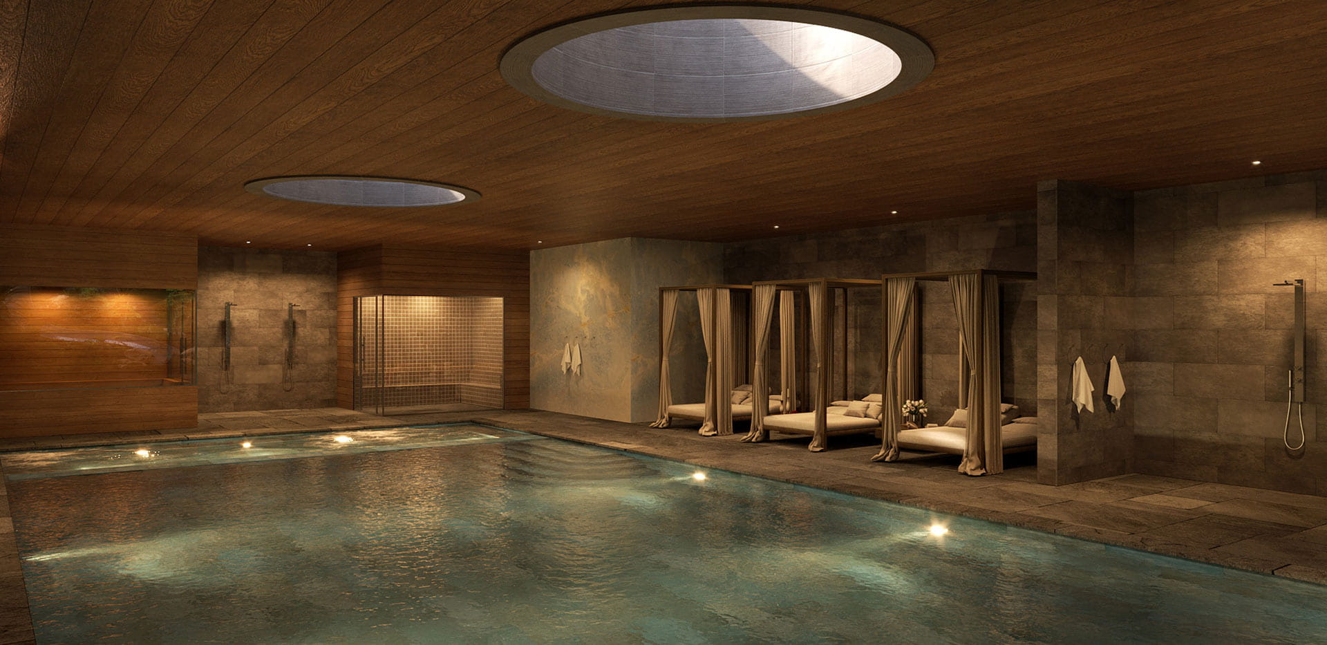 CGI of swimming pool and pool side four-post recliners, set against warm lighting