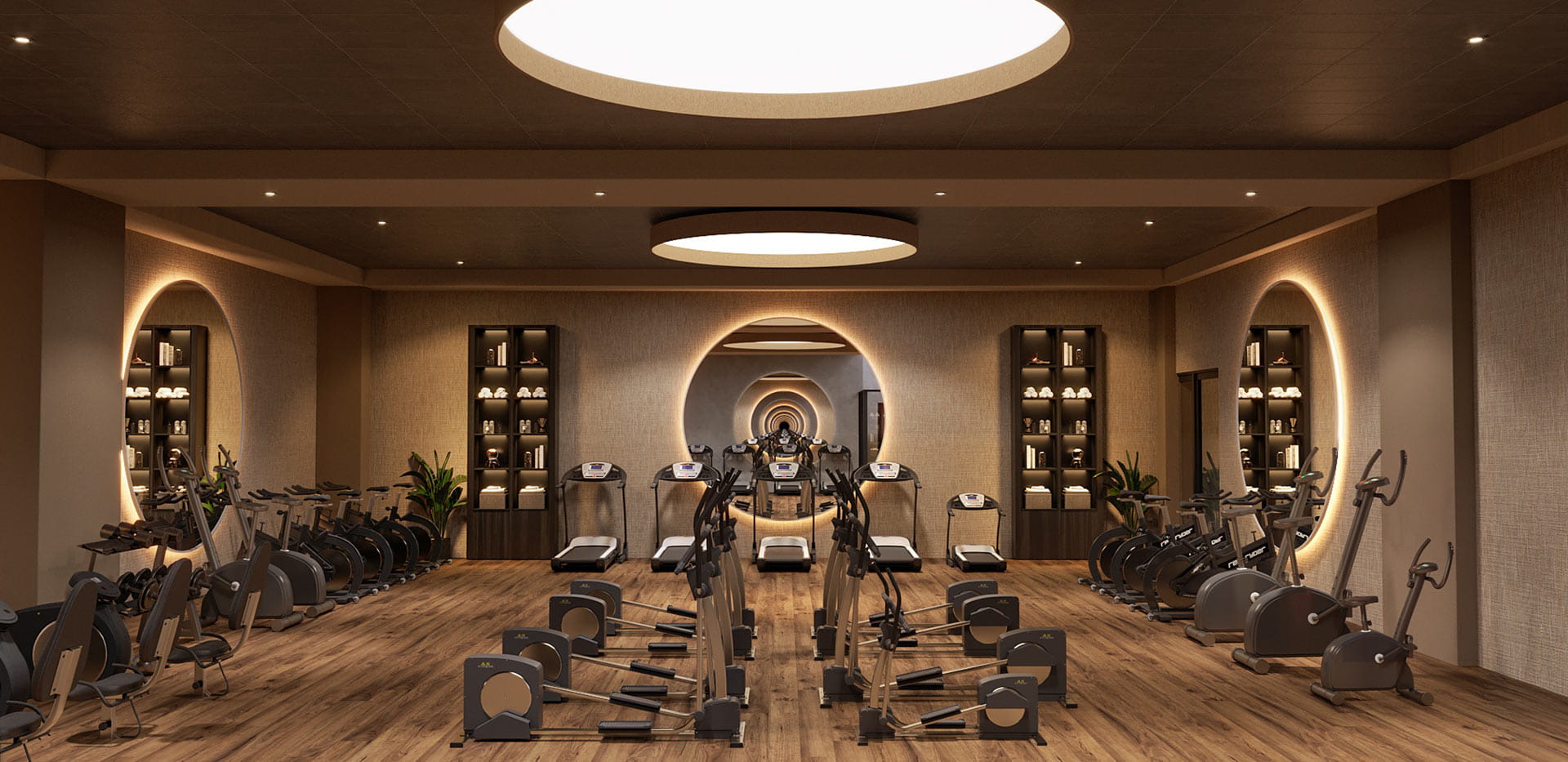 CGI of gym class containing rows of training machines, set against warm lighting