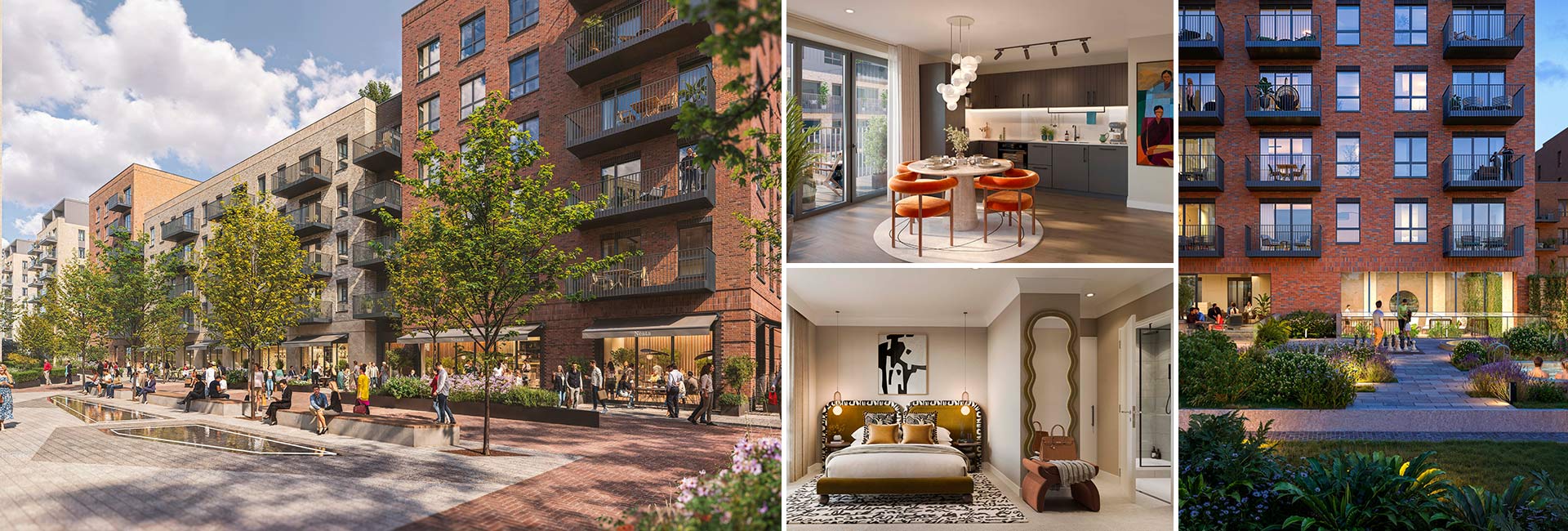 Montage of The Orien exterior, dining kitchen space, bedroom and building entrance