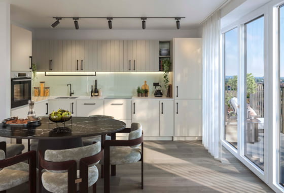 The Orien Skyline Specification: light coloured kitchenette dining area