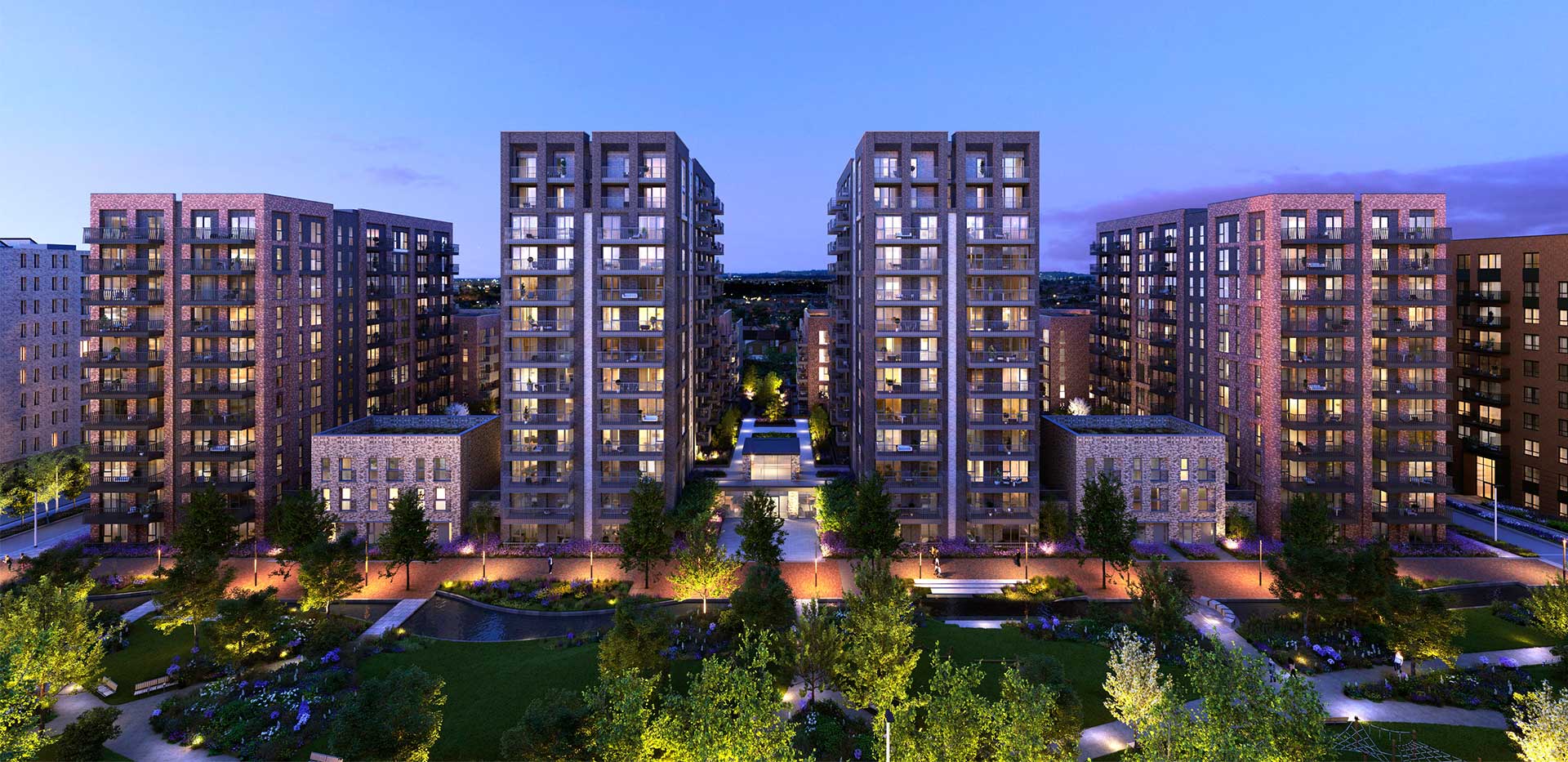 An exterior dusk CGI of  The Green Quarter