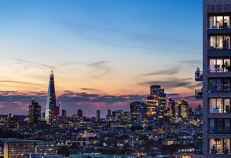 High angle London image at sunset