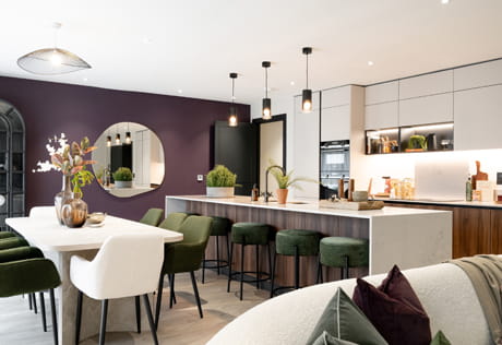 Modern designed and decorated living room dining area and kitchen in background