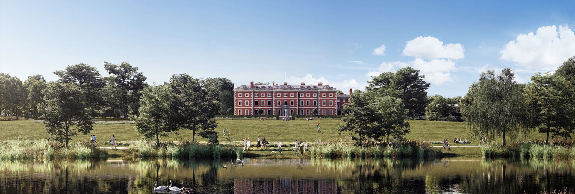 Red-brick mansion in background on open estate, water feature in the foreground