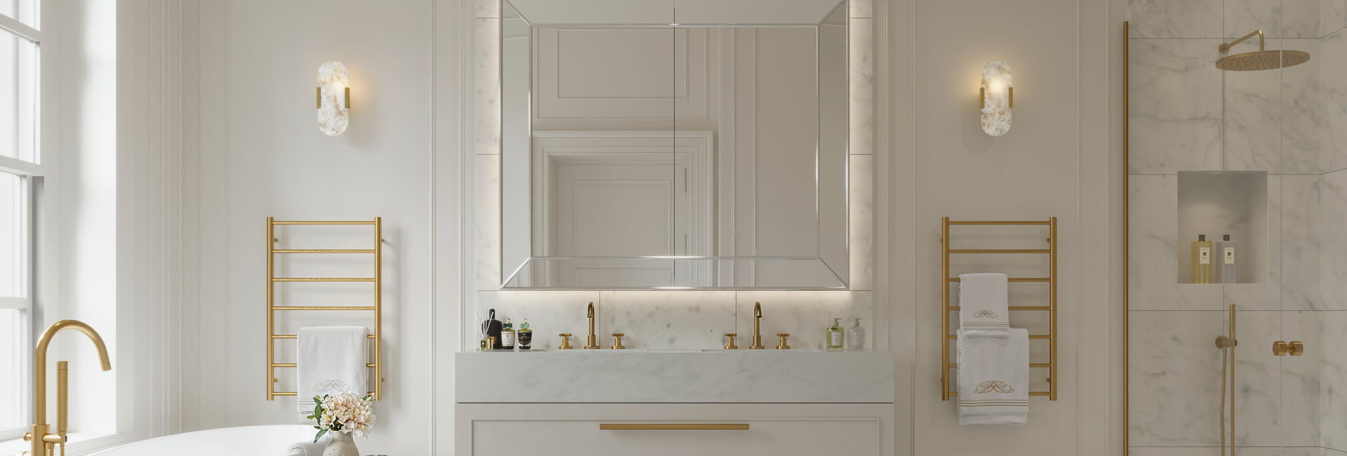 Bathtub, double sink basin and separate shower unit decorated with gold-coated taps, towel racks, handles, white walls
