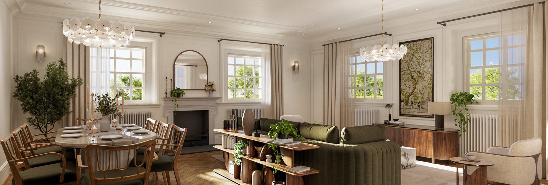 Living space with dining table, ample natural lighting, decorated with modern furniture 