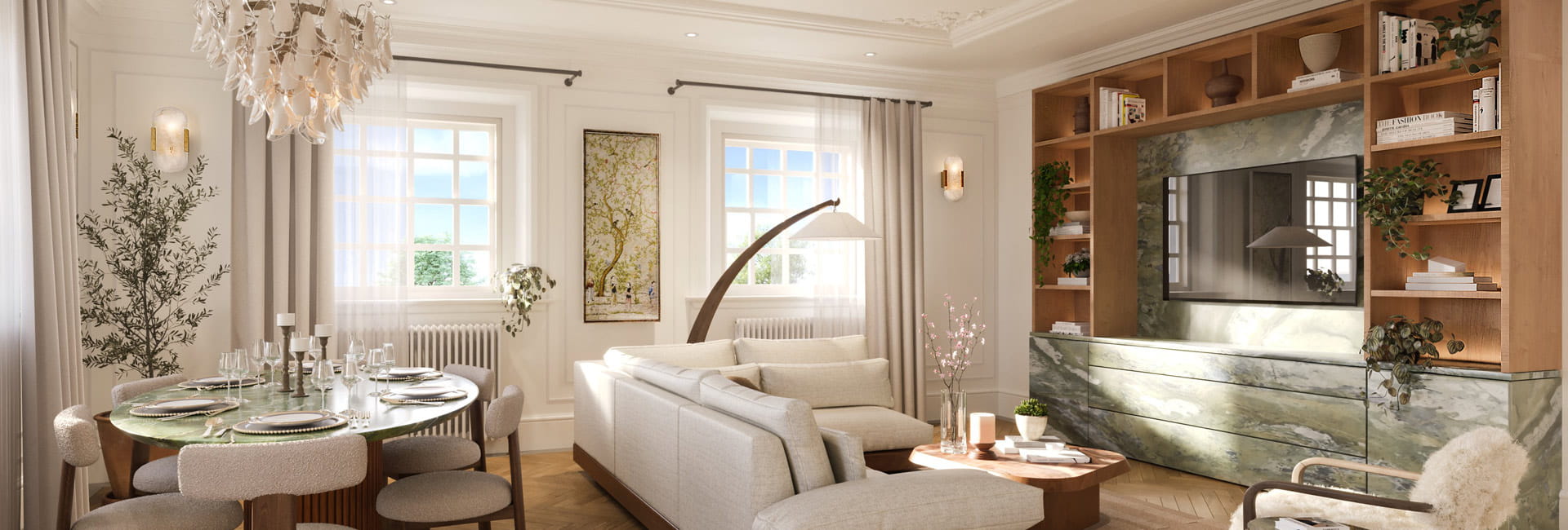 Living space with dining table, white sofa, modern decorations and media centre
