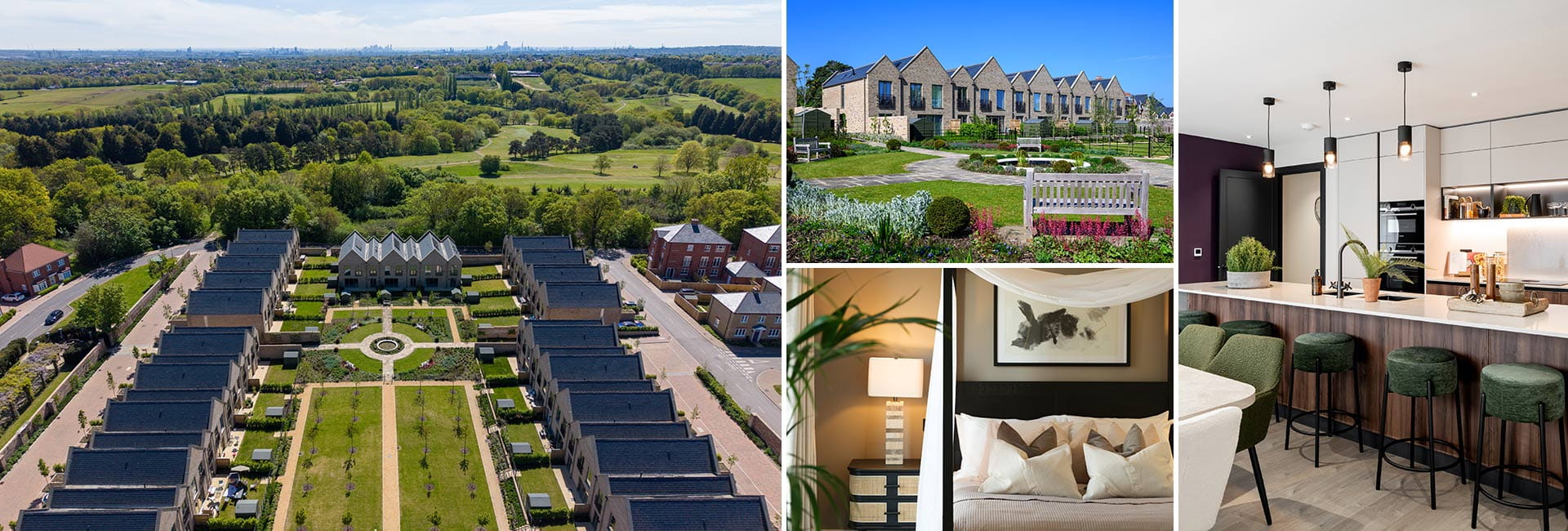 Montage of Trent Park displaying oblique view from above and ground level, bedroom and kitchen