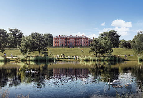An exterior and image of Mansion House, a new and upcoming phase at Trent Park