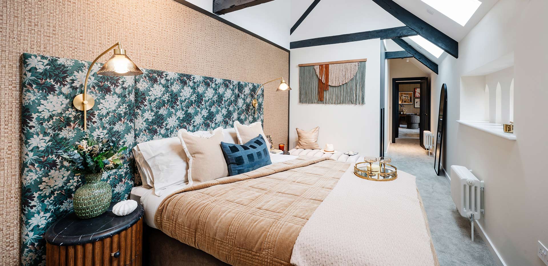 The Royal Mews home - light and airy bedroom with beamed ceiling
