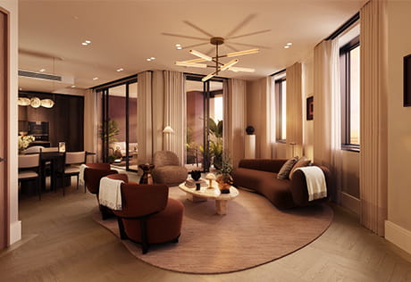Penthouse interior with lounge area, floor-to-ceiling curtains, modern lighting design, windows with ample natural lighting