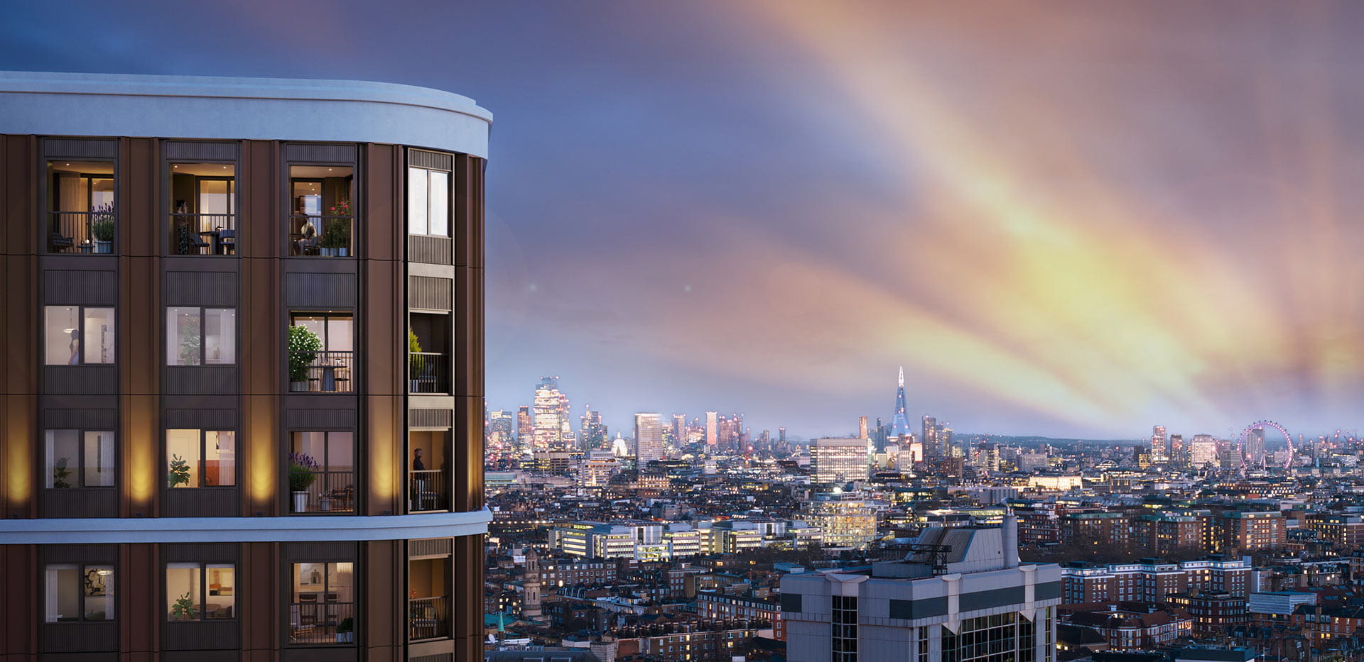 A CGI of Trillium at dusk with the London skyline in the background