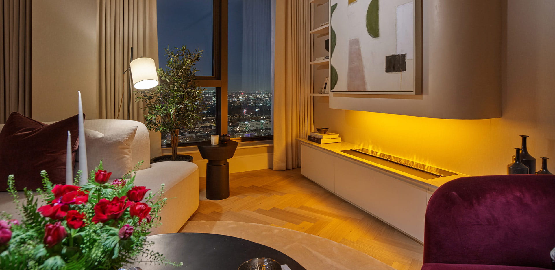 Interior living room image at dusk within a showhome of The Burton, Trillium