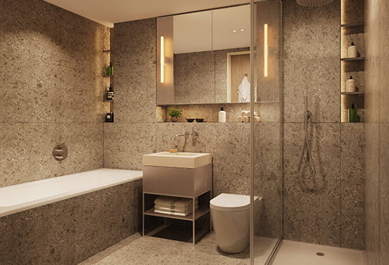 A CGI of an interior bathroom image at The Burton