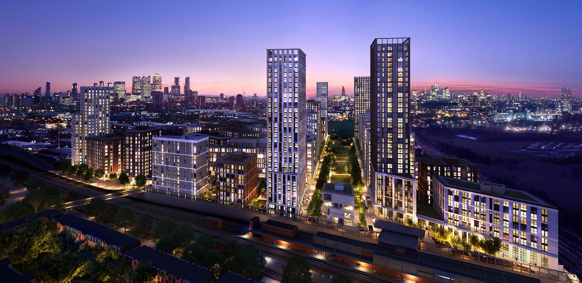 An exterior aerial night time CGI of TwelveTrees Park