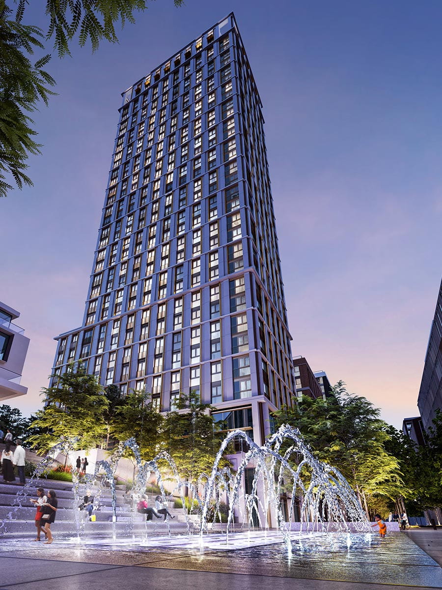 An exterior night time CGI of Evergreen Point at TwelveTrees Park