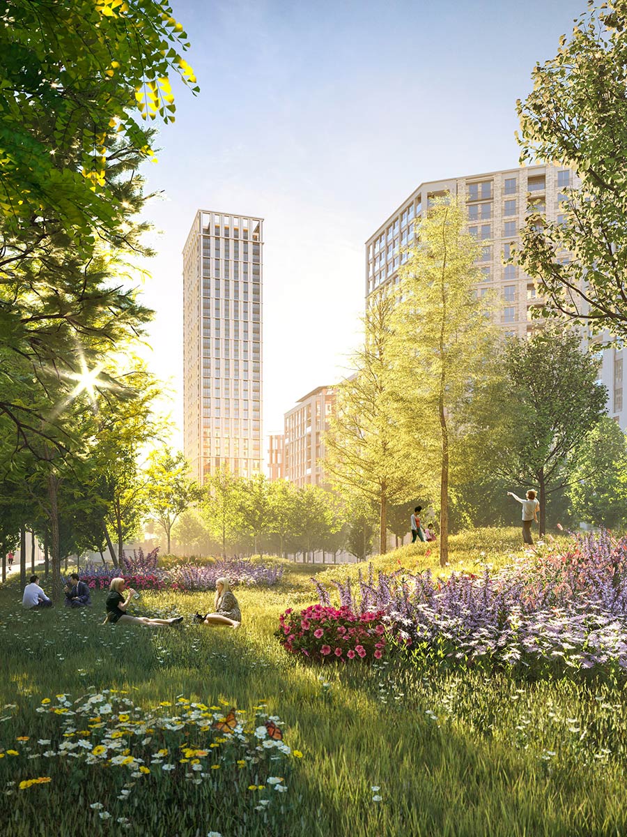 An exterior daytime CGI of the green space looking at Everygreen Point at TwelveTrees Park