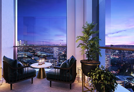 Interior CGI of Penthouse sitting area with beautiful views of London at night