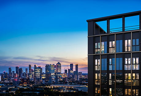 An exterior image of TwelveTrees Park at dusk