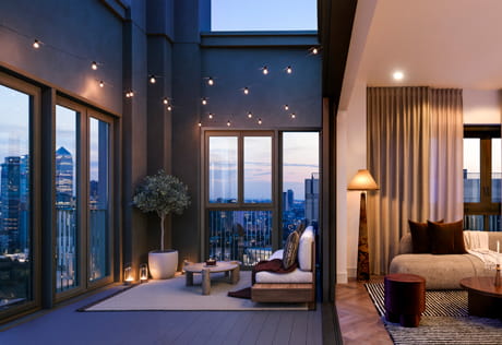 Redwood Penthouse Interior Living Area and Bedroom with high ceiling, lots of natural light and modern decorations