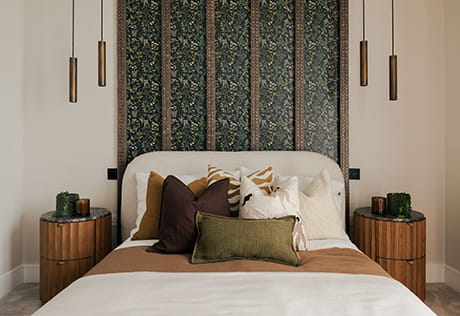 An interior Bedroom image showing a white headboard