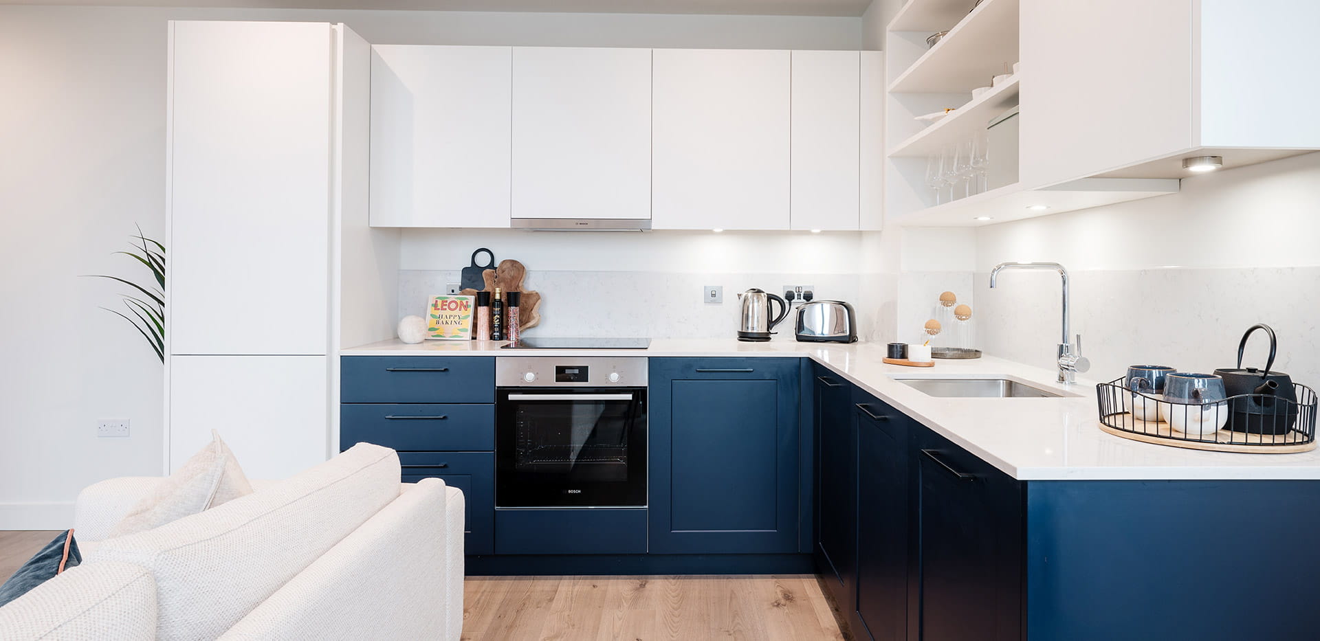 Kitchen with a blue design