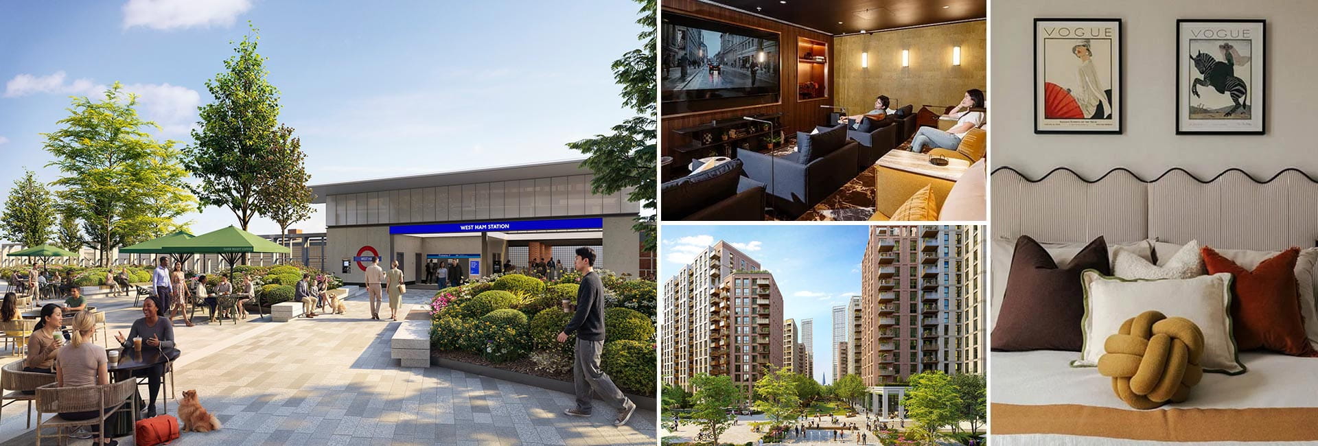 A montage of CGIs including a pedestrian courtyard and landscaped area, private cinema, lounge, interior bedroom photo