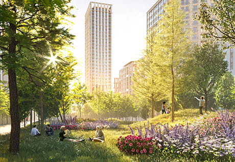 An exterior CGI of TwelveTrees Park