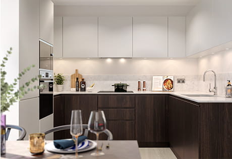 An interior Kitchen CGI at TwelveTrees Park