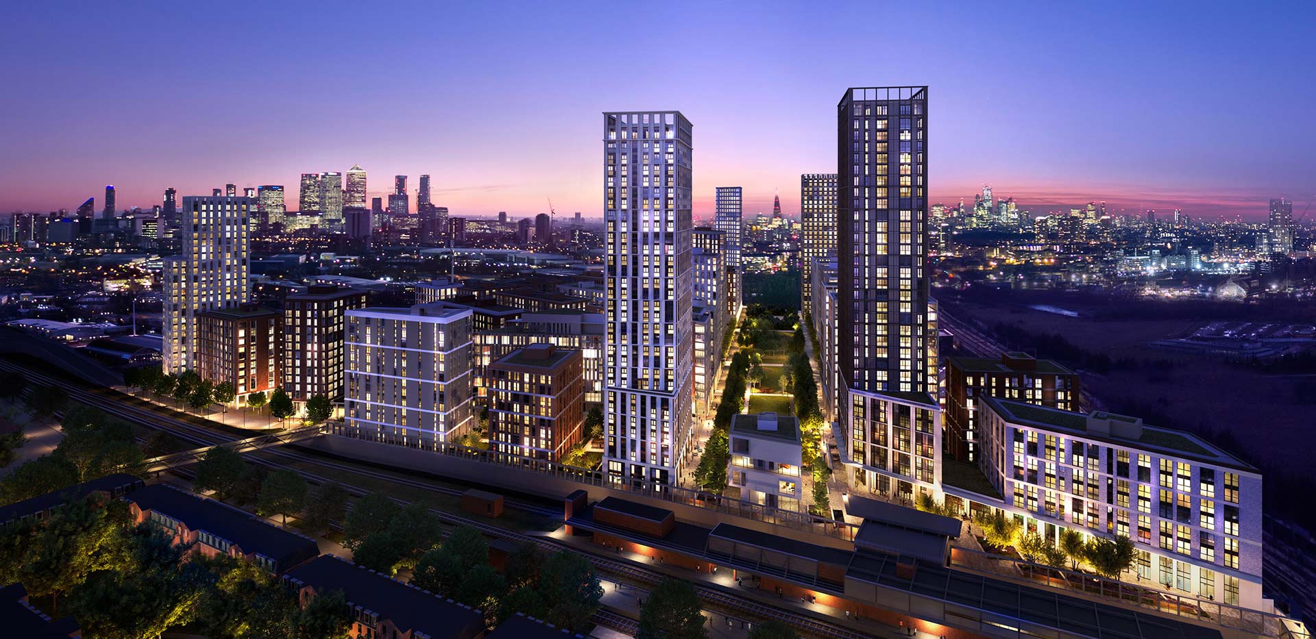 An exterior night time CGI of TwelveTrees Park