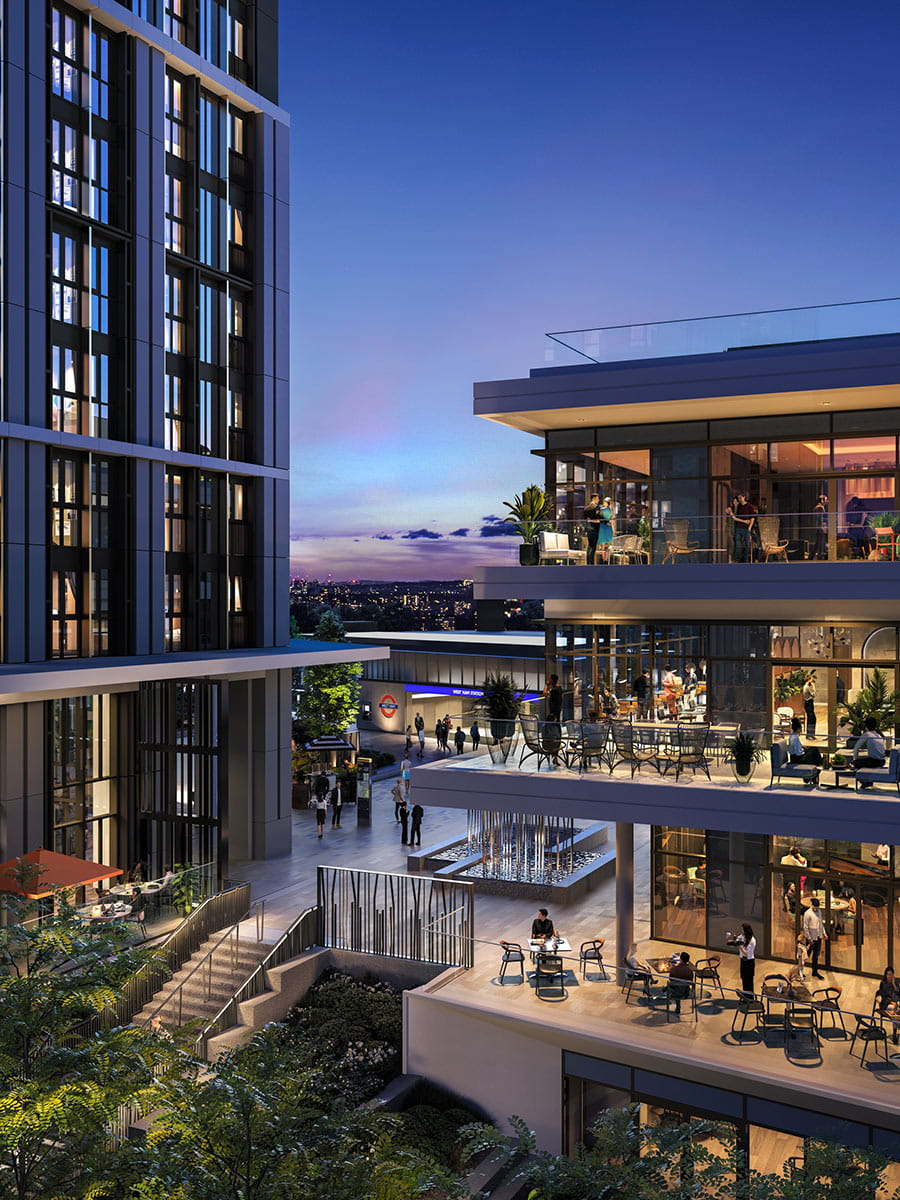 An exterior night time CGI of The Redwood at TwelveTrees Park