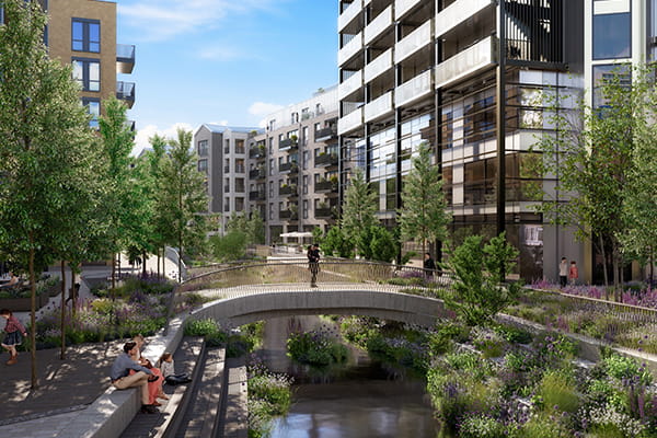 An exterior CGI of the Wandsworth Mills development